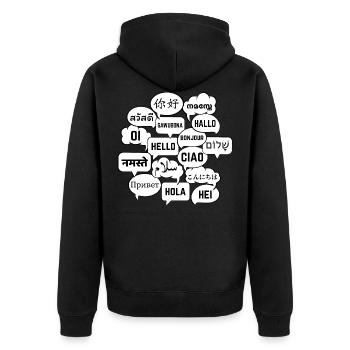 Sprechblasen mit "Hallo" in verschiedenen Sprachen - Unisex Premium Bio Zip Hoodie - Schwarz - Hinten - Nico (187cm)
