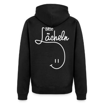 bitte lächeln gute Laune Lachen Positiv Motto - Unisex Premium Bio Zip Hoodie - Schwarz - Hinten - Nico (187cm)