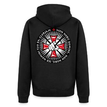 21 Ritter Kreuz Zeigefinger Schwerter Non Nobis - Unisex Premium Bio Zip Hoodie - Schwarz - Hinten - Nico (187cm)