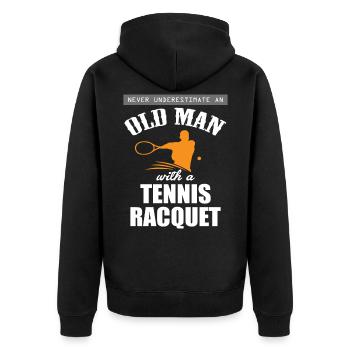 Funny Tennis Gift Old Man Tennis Racket - Unisex Premium Organic Zip Hoodie - black - Back - Nico (187cm)