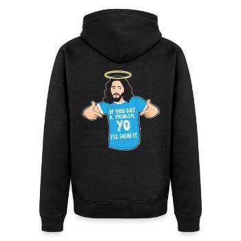 Funny Jesus Shirt Christian Meme Yo I'll Solve It - Unisex Premium Organic Zip Hoodie - black - Back - Nico (187cm)