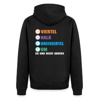 Uhrzeiten in Ostdeutschland Ossi Uhr Viertel Halb - Unisex Premium Bio Zip Hoodie - Schwarz - Hinten - Nico (187cm)