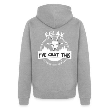 Entspannen Sie sich, ich habe Ziege dies - Ziegenl - Unisex Premium Bio Zip Hoodie - Grau meliert - Hinten - Nico (187cm)
