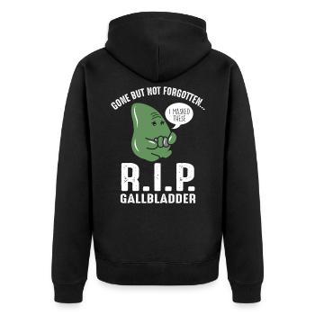 Die Gallenblase ist weg, aber nicht vergessen. - Unisex Premium Bio Zip Hoodie - Schwarz - Hinten - Nico (187cm)