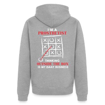 Orthopädietechniker denken über den Tellerrand hin - Unisex Premium Bio Zip Hoodie - Grau meliert - Hinten - Nico (187cm)