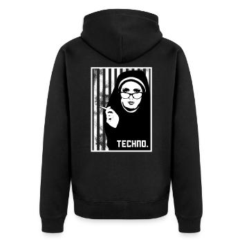 Techno Gabber Rave Elektro Breakbeat Tech-House - Unisex Premium Bio Zip Hoodie - Schwarz - Hinten - Nico (187cm)