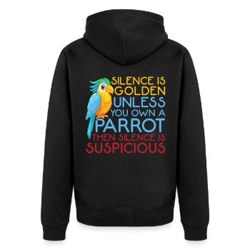 Funny parrot graphic silence is gold bird - Unisex Premium Organic Zip Hoodie - black - Back - Nico (187cm)