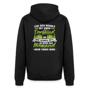 Lege dich niemals mit einem Dorfkind an - Wir k... - Unisex Premium Bio Zip Hoodie - Schwarz - Hinten - Nico (187cm)