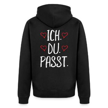 Ich Du Passt - Liebeserklärung für die große Liebe - Unisex Premium Bio Zip Hoodie - Schwarz - Hinten - Nico (187cm)