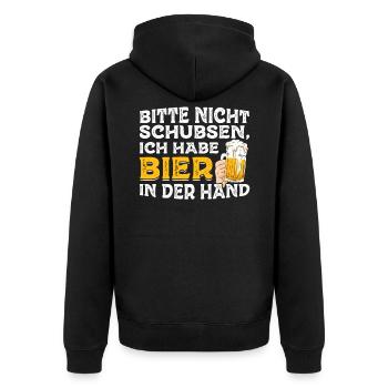 Bitte nicht schubsen, ich habe Bier in der Hand - Unisex Premium Bio Zip Hoodie - Schwarz - Hinten - Nico (187cm)