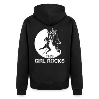 Mädchen klettert Karabiner Klettern Bouldern - Unisex Premium Bio Zip Hoodie - Schwarz - Hinten - Nico (187cm)