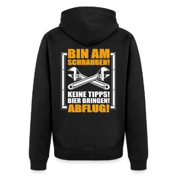 Bin am Schrauben! .. Bier bringen .. Schrauber - Unisex Premium Bio Zip Hoodie - Schwarz - Hinten - Nico (187cm)