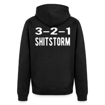 3 2 1 Shitstorm - Unisex Premium Bio Zip Hoodie - Schwarz - Hinten - Nico (187cm)