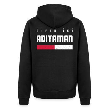 Adiyaman 02 - Unisex Premium Organic Zip Hoodie - black - Back - Nico (187cm)