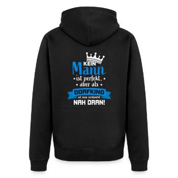 Kein Mann ist perfekt, aber als Dorfkind verdammt - Unisex Premium Bio Zip Hoodie - Schwarz - Hinten - Nico (187cm)