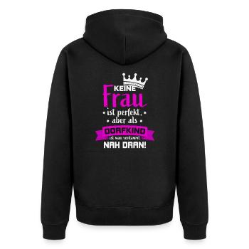 Keine Frau ist perfekt, aber als Dorfkind verdammt - Unisex Premium Bio Zip Hoodie - Schwarz - Hinten - Nico (187cm)