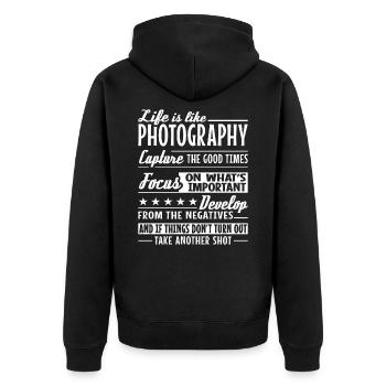 Fotograf, Kamera, Fotogrfieren - Unisex Premium Bio Zip Hoodie - Schwarz - Hinten - Nico (187cm)