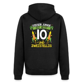 10 Geburtstag Geschenk | Jungs 10 Jahre - Unisex Premium Bio Zip Hoodie - Schwarz - Hinten - Nico (187cm)