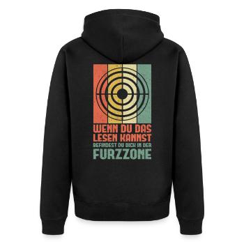 Furzzone | Furz Pupsen Furzen Geschenk - Unisex Premium Bio Zip Hoodie - Schwarz - Hinten - Nico (187cm)