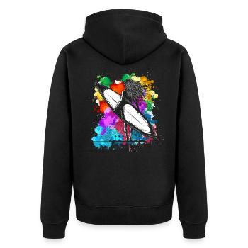 Planche de surf colorée fille vacances sports nautiques plage - Veste à capuche bio Premium Unisexe - noir - Dos - Nico (187cm)