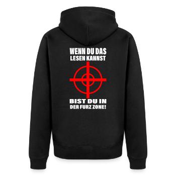 Furz Zone Furzzone Fart Zone Lustiger Spruch - Unisex Premium Bio Zip Hoodie - Schwarz - Hinten - Nico (187cm)