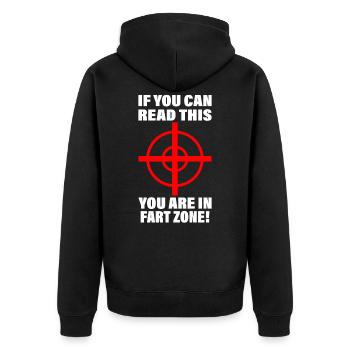 Furz Zone Furzzone Fart Zone Lustiger Spruch - Unisex Premium Bio Zip Hoodie - Schwarz - Hinten - Nico (187cm)