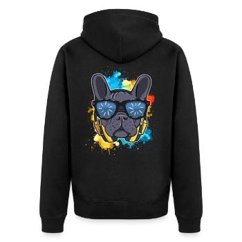Französische Bulldogge Hund DJ Frenchie - Unisex Premium Bio Zip Hoodie - Schwarz - Hinten - Nico (187cm)