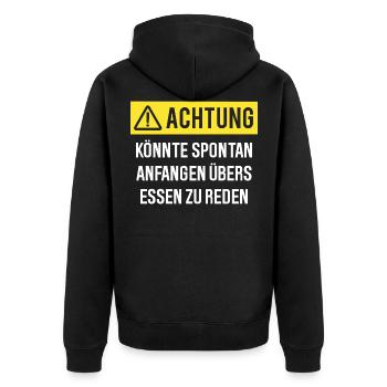 Achtung könnte spontan über Essen reden - Unisex Premium Bio Zip Hoodie - Schwarz - Hinten - Nico (187cm)
