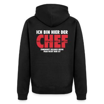 Ich bin hier der Chef | Ehemann Mann Geschenk - Unisex Premium Bio Zip Hoodie - Schwarz - Hinten - Nico (187cm)