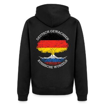 Deutsch Aufgewachsen Russische Wurzeln - Unisex Premium Bio Zip Hoodie - Schwarz - Hinten - Nico (187cm)