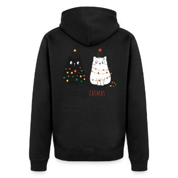 Meowy Christmas Cat Motiv - Unisex Premium Bio Zip Hoodie - Schwarz - Hinten - Nico (187cm)