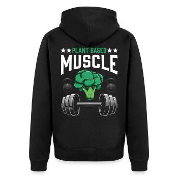 Vegane Muskeln Pflanzenbasiert Fitness Athlet - Unisex Premium Bio Zip Hoodie - Schwarz - Hinten - Nico (187cm)