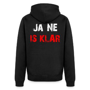 Ja ne is klar - Unisex Premium Bio Zip Hoodie - Schwarz - Hinten - Nico (187cm)