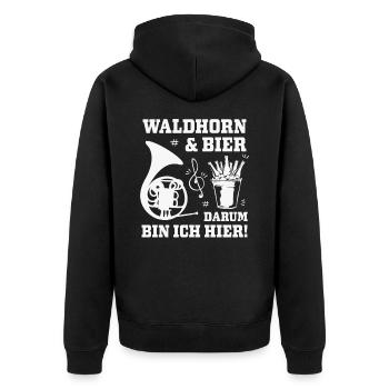 Waldhorn und Bier, darum bin ich hier - Unisex Premium Bio Zip Hoodie - Schwarz - Hinten - Nico (187cm)