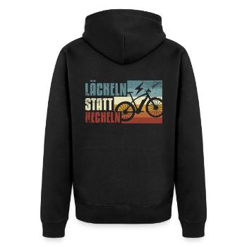 E-Bike, E-MTB, Lächeln statt Hecheln - Unisex Premium Bio Zip Hoodie - Schwarz - Hinten - Nico (187cm)