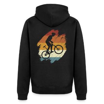 E-Bike, E-MTB, Retro Sonnenuntergang E-Biker - Unisex Premium Bio Zip Hoodie - Schwarz - Hinten - Nico (187cm)
