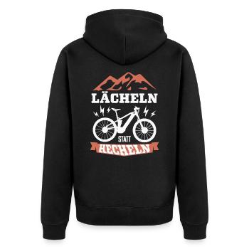 E-Bike, lächeln statt hecheln - Unisex Premium Bio Zip Hoodie - Schwarz - Hinten - Nico (187cm)
