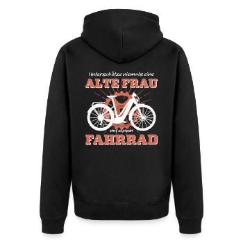 Unterschätze niemals eine alte Frau, Fahrrad - Unisex Premium Bio Zip Hoodie - Schwarz - Hinten - Nico (187cm)