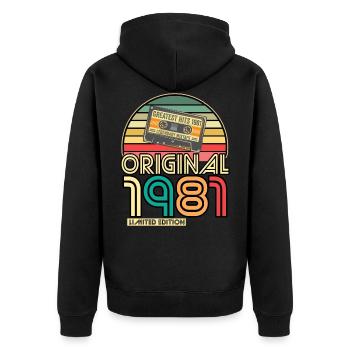 Cassette Bande Rétro Vintage 1981 40.Anniversaire - Veste à capuche bio Premium Unisexe - noir - Dos - Nico (187cm)