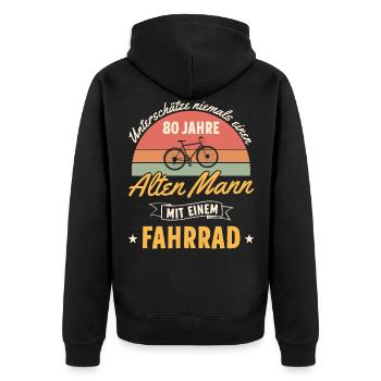 Unterschätze nie einen 80 Jahre alten Mann Fahrrad - Unisex Premium Bio Zip Hoodie - Schwarz - Hinten - Nico (187cm)
