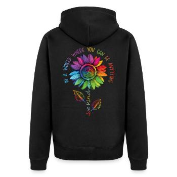 Be Kind LGBTQ Regenbogen Sonnenblume Blume CSD - Unisex Premium Bio Zip Hoodie - Schwarz - Hinten - Nico (187cm)