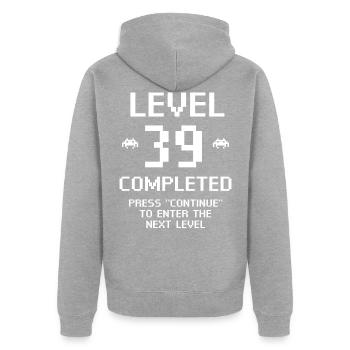 Level 39 Completed - Unisex Premium Bio Zip Hoodie - Grau meliert - Hinten - Nico (187cm)