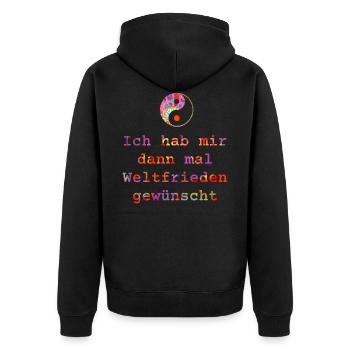 Ich habe mir dann mal Weltfrieden gewünscht - bunt - Unisex Premium Bio Zip Hoodie - Schwarz - Hinten - Nico (187cm)