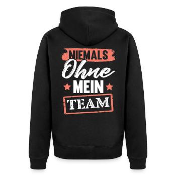 Niemals ohne Team - Unisex Premium Bio Zip Hoodie - Schwarz - Hinten - Nico (187cm)