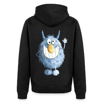 Blaues Grinse Monster - Unisex Premium Bio Zip Hoodie - Schwarz - Hinten - Nico (187cm)