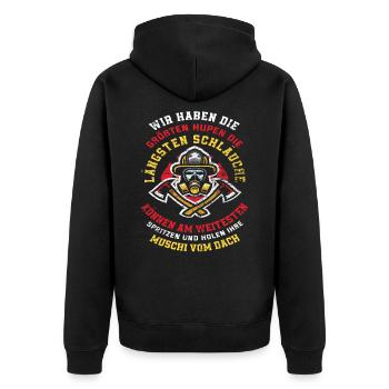 Lustiger Feuerwehr Spruch - Unisex Premium Bio Zip Hoodie - Schwarz - Hinten - Nico (187cm)