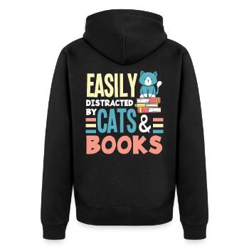Katze Bücherei Buch Lesen Bücherwurm - Unisex Premium Bio Zip Hoodie - Schwarz - Hinten - Nico (187cm)