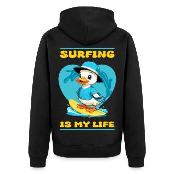 Cute Surfer Duck - Unisex Premium Organic Zip Hoodie - black - Back - Nico (187cm)