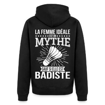 Die ideale Frau, ein Mythos, es sei denn, sie ist Badmintonspielerin - Unisex Premium Bio Zip Hoodie - Schwarz - Hinten - Nico (187cm)