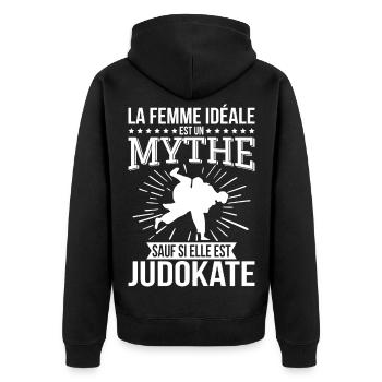 Die ideale Frau, ein Mythos, es sei denn, sie ist eine Judoka - Unisex Premium Bio Zip Hoodie - Schwarz - Hinten - Nico (187cm)